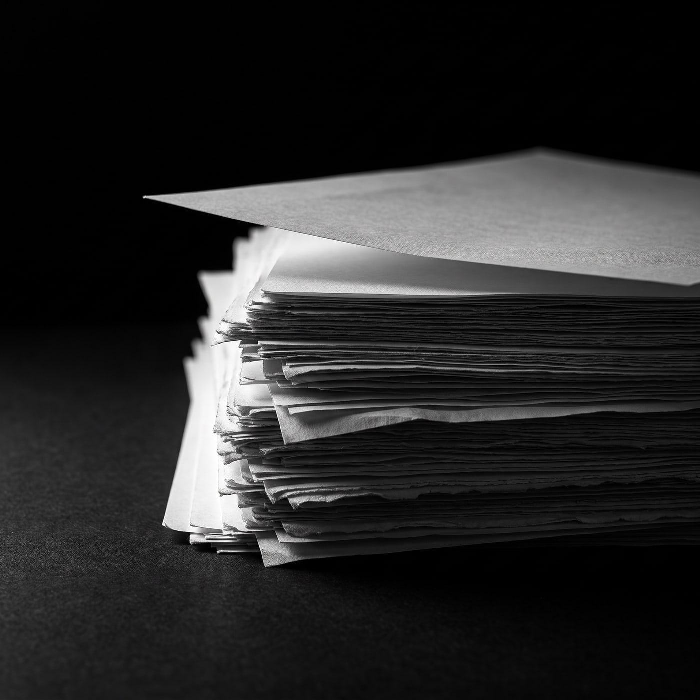 A deep stack of paper, one sheet lifting off the top, edge-lit against black